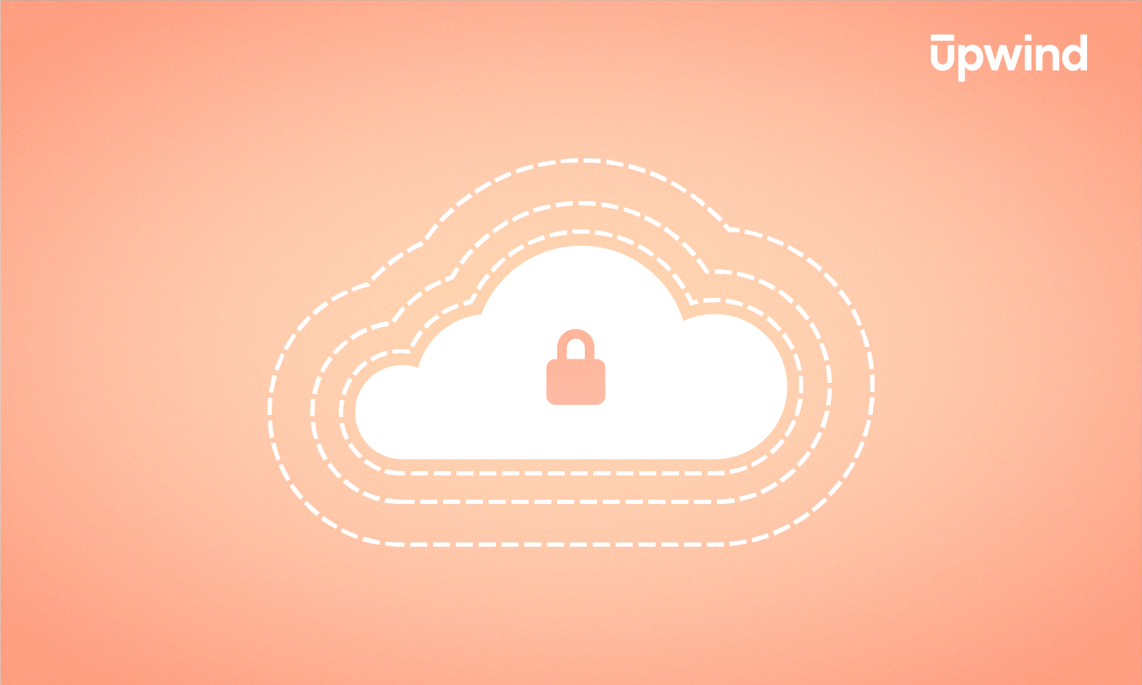 A cloud icon with a padlock in the center, surrounded by dashed lines, symbolizes Cloud Data Security Explained against a peach-colored background. The word Upwind graces the top right corner, adding a touch of mystery.