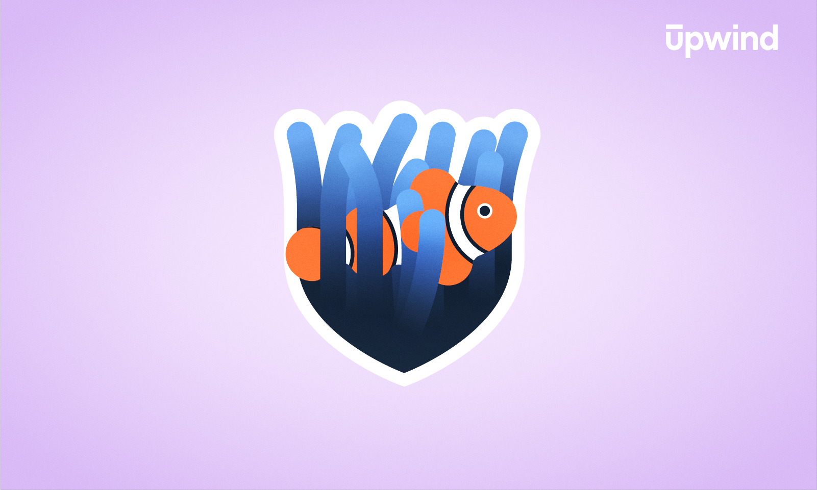 An illustration of a clownfish swimming through blue sea anemones in an emblem design on a light purple background. The word upwind appears in the top right corner.