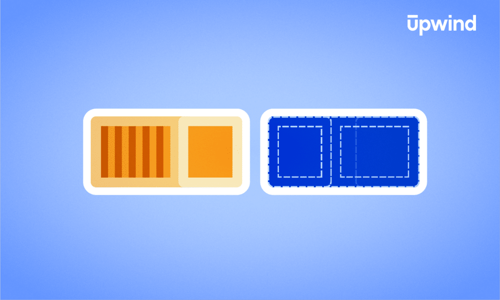 Illustration of two side-by-side bento boxes on a blue background. The left box, representing containers, is orange with compartments, and the right box symbolizes VMs in blue with dashed dividers. Upwind is elegantly scripted in the top right corner, hinting at the choice for your infrastructure.