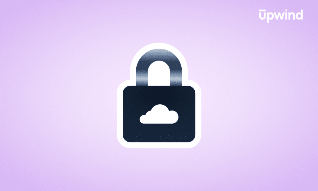 A black padlock icon featuring a cloud symbol sits against a purple backdrop, subtly hinting at the question, What is Cloud Workload Security? The word upwind appears in crisp white text in the top right corner.