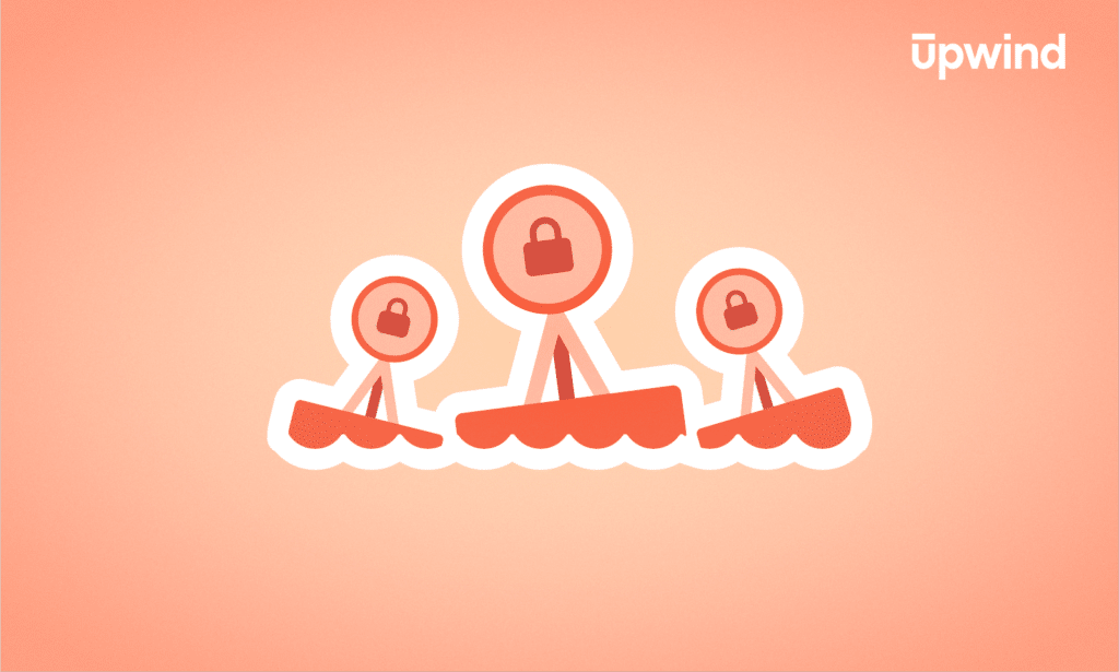 Three red stick figure icons with lock symbols over their heads stand atop oriented geometric shapes against a peach background, symbolizing the importance of vulnerability prioritization. The word upwind is positioned in the top right corner.