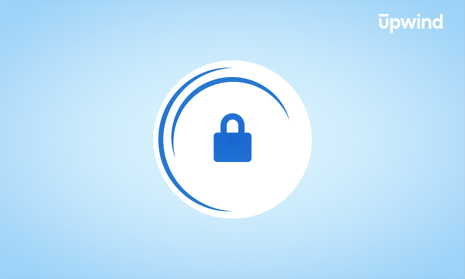 A blue padlock icon inside a white circle with a swirling design on a light blue background. The word upwind is in the top-right corner, subtly hinting at the importance of security measures like CIS Benchmarks.