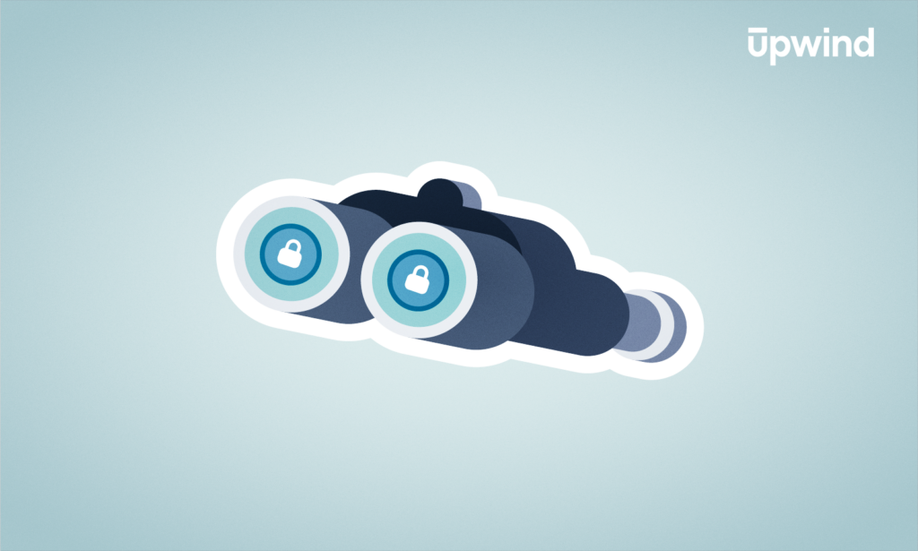 Illustration of binoculars with padlock symbols on the lenses, set against a light blue background. The word upwind is displayed in white text at the top right corner, subtly hinting at SOAR vs SIEM dynamics.