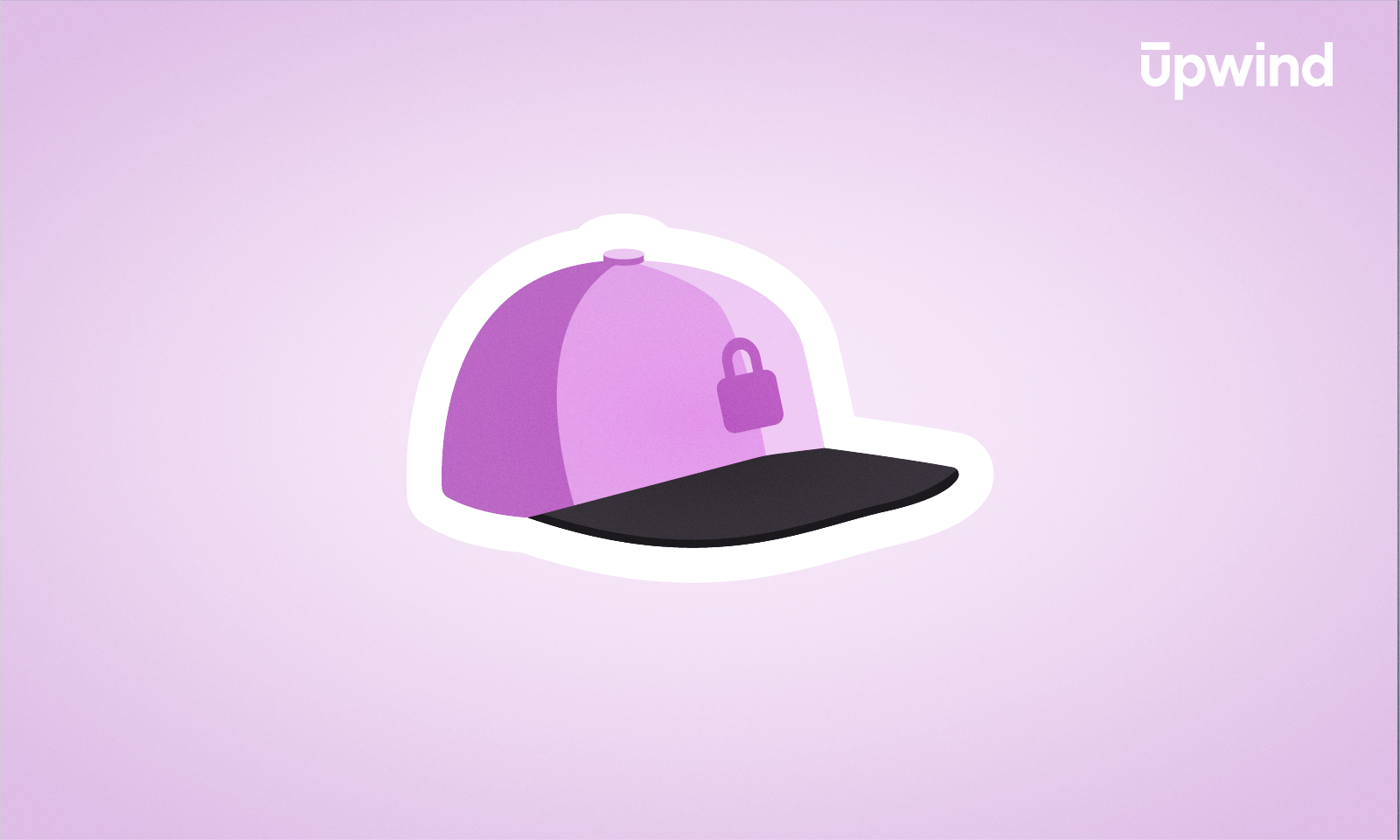 Illustration of a purple and black baseball cap with a lock symbol on the front, subtly hinting at IAM Security. Set against a light purple background, the word upwind is in the top right corner.