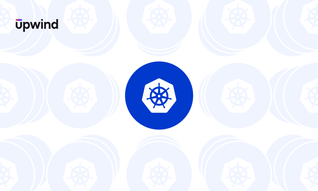 A blue circle with the Kubernetes logo inside is in the center. The background features multiple faded, overlapping Kubernetes logos on a white backdrop. The word upwind is in the top left corner.