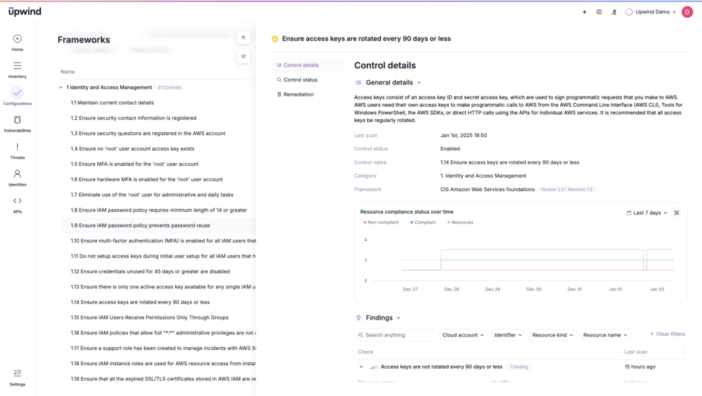 Posture findings, like this lack of key rotation, allow teams to adhere to best practices for identity management for better IAM security within a comprehensive CNAPP.