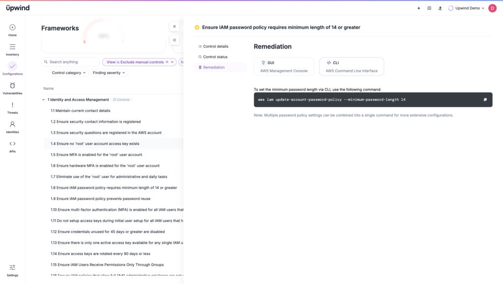 A remediation tab allowing better management of IAM security across environments from a single dashboard in a comprehensive CNAPP.
