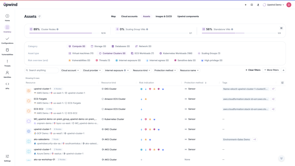 A look at the status of running containers in a CNAPP tool. Visibility into multiple container runtimes across Kubernetes clusters makes it simple to monitor and protect multiple container runtimes at once.