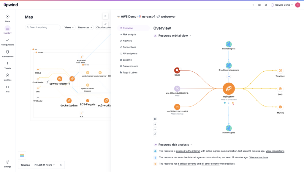 Screenshot of a network map and resource overview from Upwind. The left side shows a map with nodes and connections, while the right side displays an orbital view and resource risk analysis.