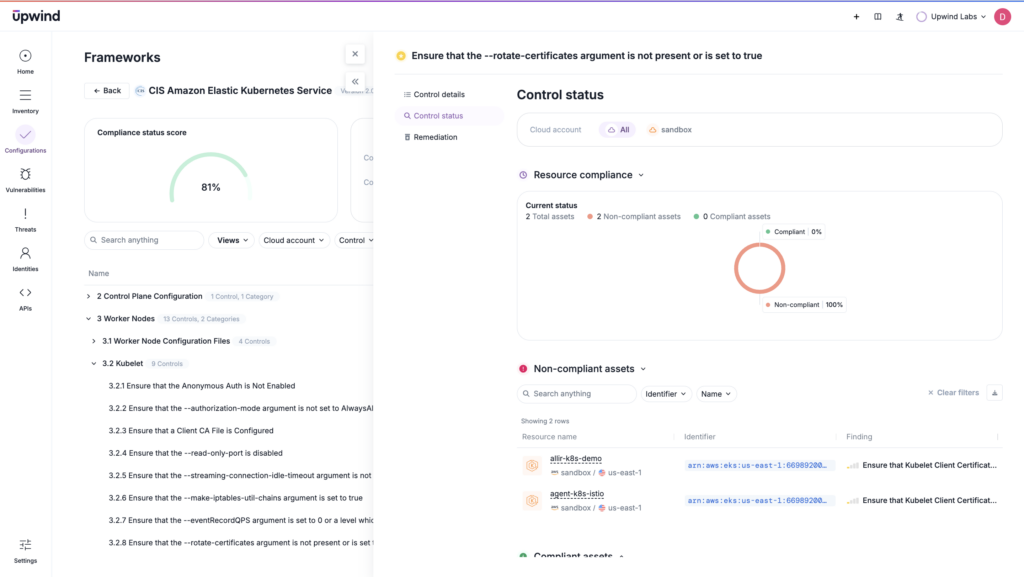 Screenshot of a compliance framework dashboard showing an 81% compliance rate for AWS Kubernetes service. The display includes a circular compliance status chart, a list of non-compliant assets, and recommendations for remediation.