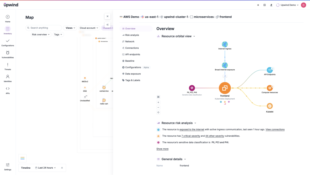 Screenshot of a web interface displaying a resource map and overview. The map is on the left, showing resource connections, while the right side provides details about a frontend resource, including its internet exposure and risk analysis.