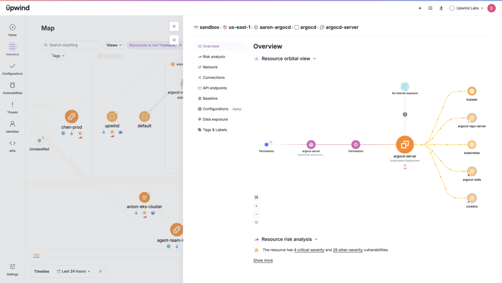 Screenshot of a server management interface displaying a network map. The main section shows argocd-server connected to various resources. The left sidebar contains configuration and monitoring options. Header includes navigation and user profile links.