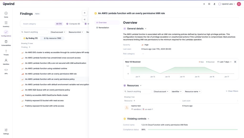 Cloud configuration issues are identified in this runtime-powered CNAPP, using the features typically of a CSPM. In this case, runtime insight with machine learning can also prioritize critical misconfigurations: the work of CSPM, but not DSPM.
