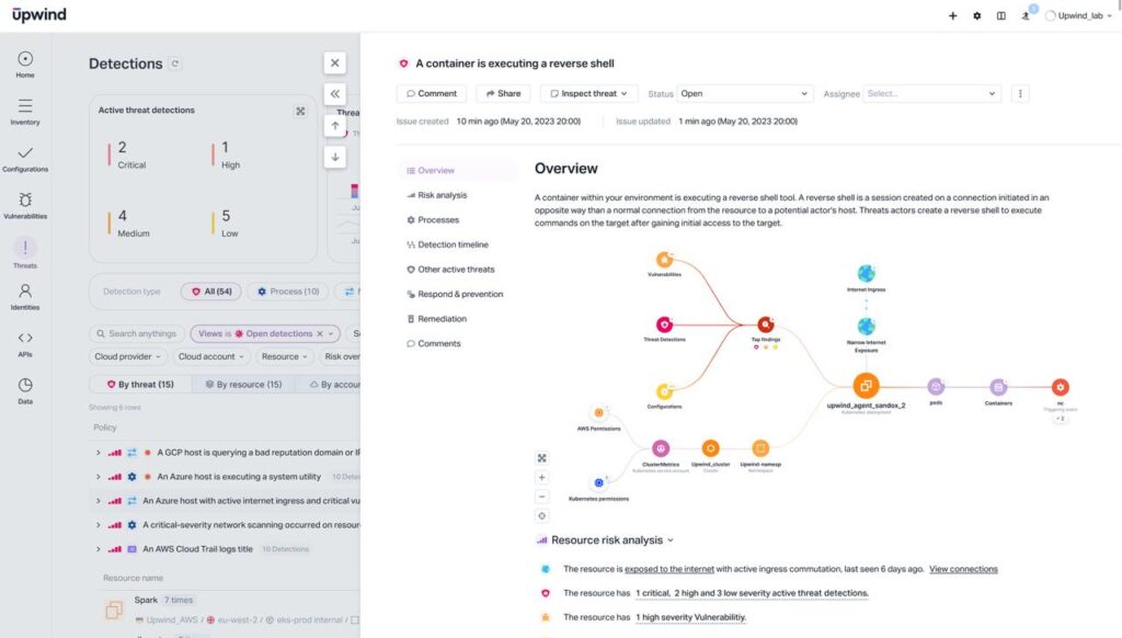 Screenshot of a cybersecurity platform displaying a network threat analysis. The interface shows threat detections on the left, including categories like critical and high. A diagram on the right maps out connections and potential vulnerabilities.