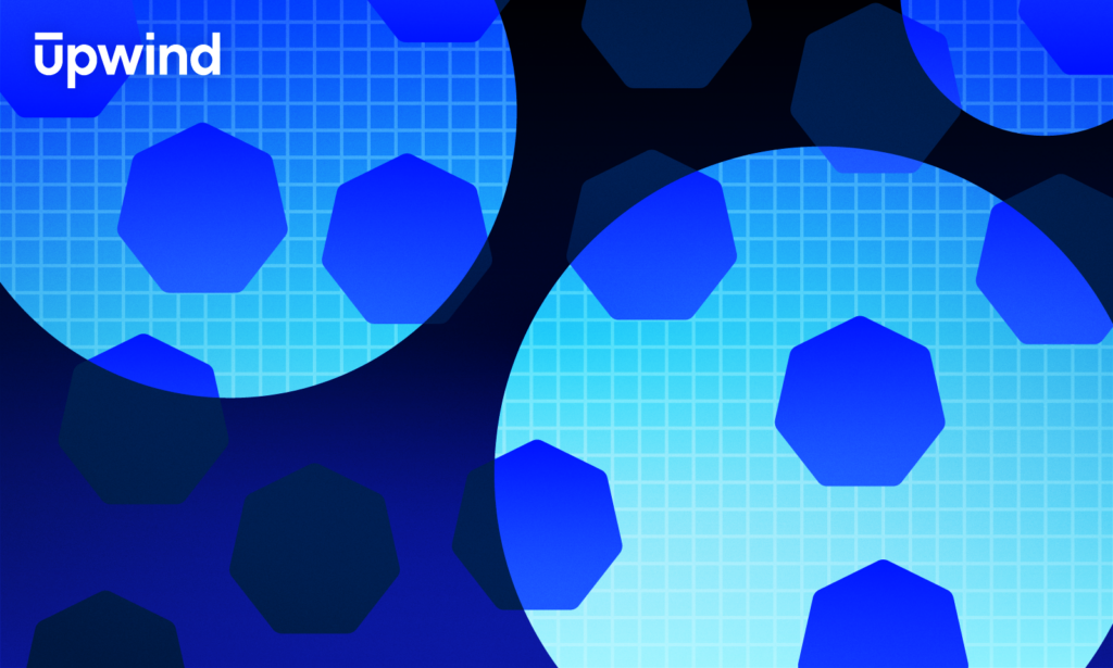 Abstract design featuring large overlapping circles in shades of blue, with hexagonal patterns and a grid background. The word Upwind is in the upper left corner.