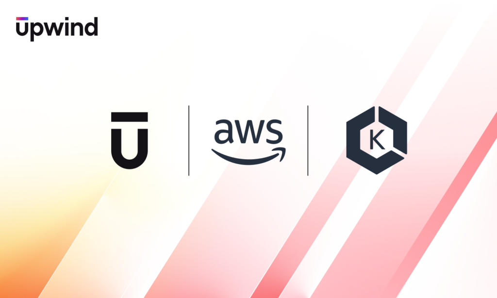 Logos of Upwind, AWS, and Kubernetes on a white background with red diagonal stripes. The Upwind logo is in the top left corner.