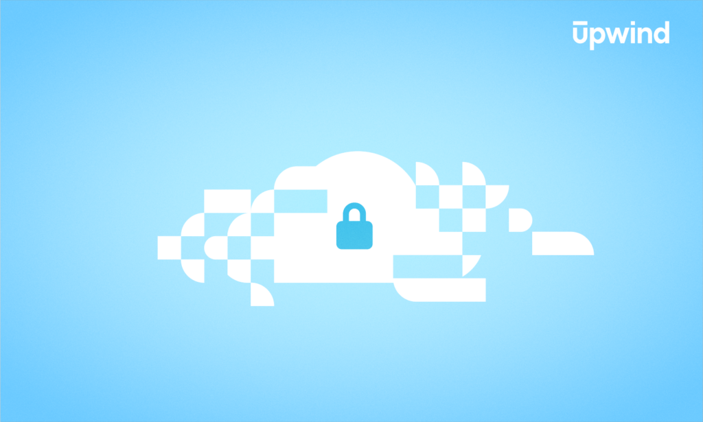 A cloud made of pixelated blocks with a padlock icon in the center symbolizes What Is Cloud Encryption? against a blue backdrop. The word upwind hovers in the top-right corner, merging digital security with atmospheric flair.