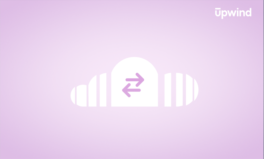 A white cloud icon on a light purple background showcases two arrows, one pointing left and one right. Upwind is elegantly inscribed in the top right corner, subtly hinting at cloud migration security with its design.