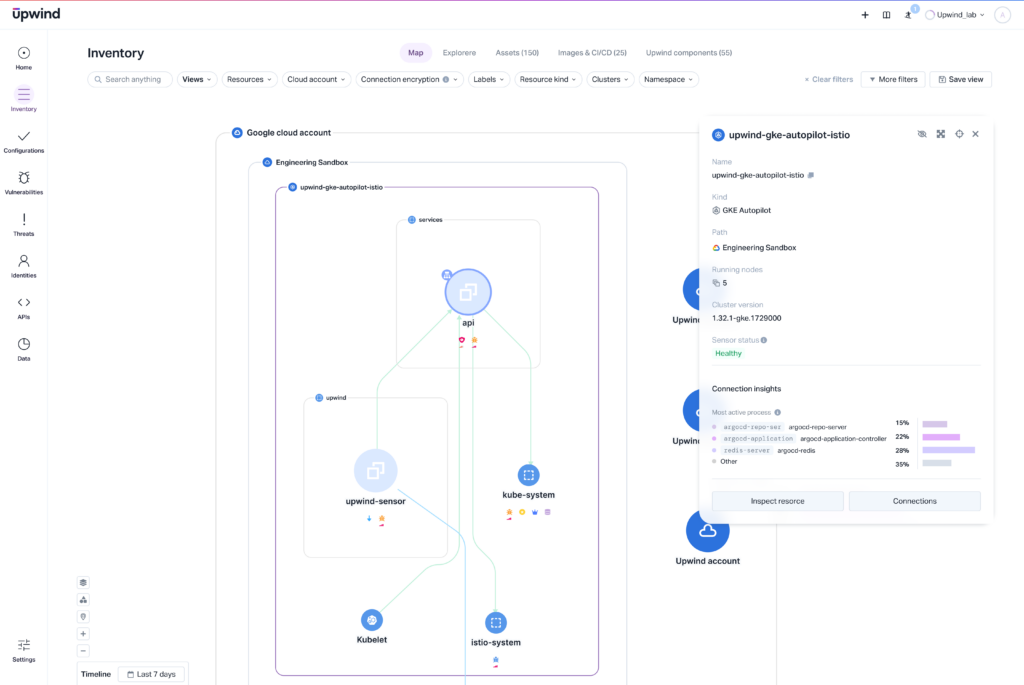 Screenshot of a cloud management interface showcasing an inventory dashboard. It includes information on Kubernetes, clusters, and services. A sidebar on the right displays specific insights and metrics for a selected resource.