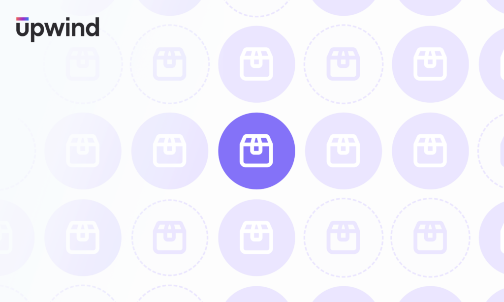 A grid of light purple shopping bag icons with one prominent dark purple bag icon in the center. The word upwind is in the top left corner. The background is white with a mix of solid and outlined icons.