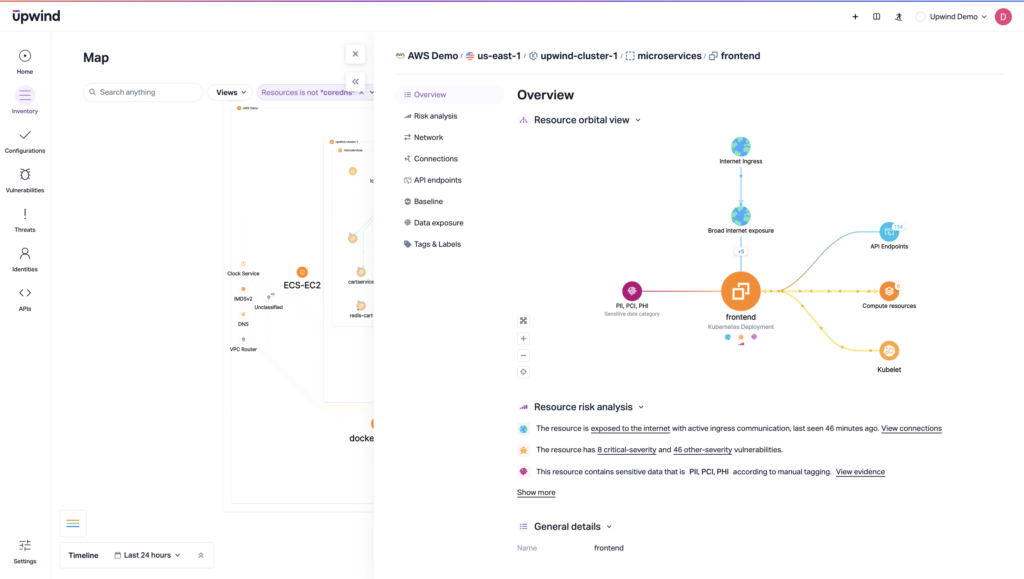 Screenshot of the Upwind dashboard displaying an AWS demo map and overview. The map shows a diagram of resource links including Kubernetes and AWS components. The overview on the right summarizes connections and risks related to microservices and frontend.