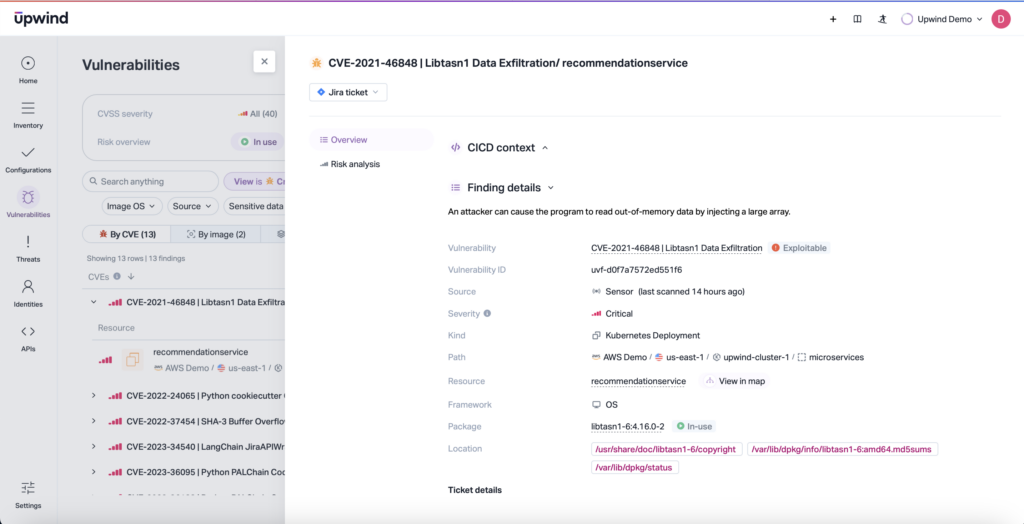 Screenshot of a vulnerability report from Upwind titled CVE-2021-46848 | LibBami Data Exfiltration. The status is Open, severity is Critical, and the affected resource is a Kubernetes deployment. Various tabs and options are visible.