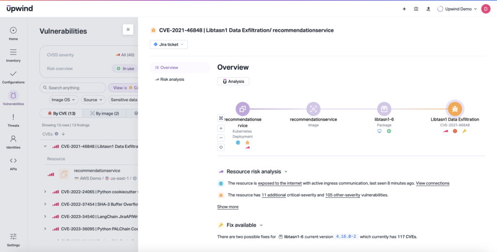 Screenshot of the Upwind dashboard showing a vulnerability analysis. On the left, it lists vulnerabilities with CVE-2021-44832 highlighted. The main section displays an overview and risk analysis of the liberant1-data exfiltration service.