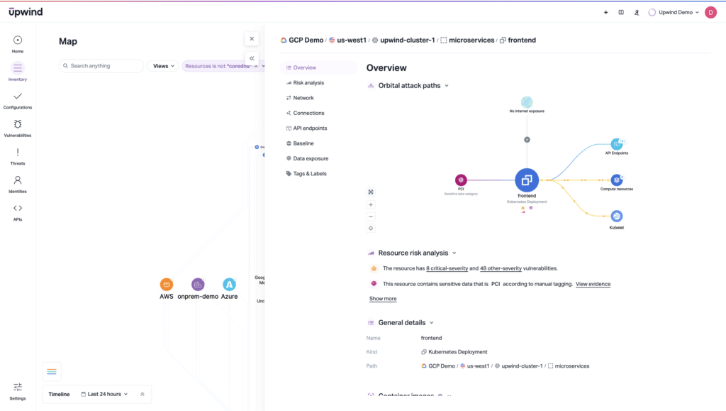 Screenshot of a software program showing a map and an overview panel. The map has navigation options and a sidebar with a list of resources. The overview panel displays a diagram with nodes for different microservices and details about threat analysis.