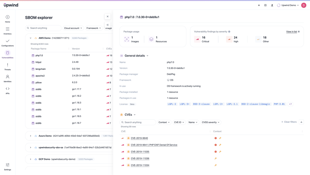 This CNAPP’s packages tab lets you see all the packages in an environment and their dependencies. Search for packages and quickly identify dependencies for contextualized insights into what happens at runtime.
