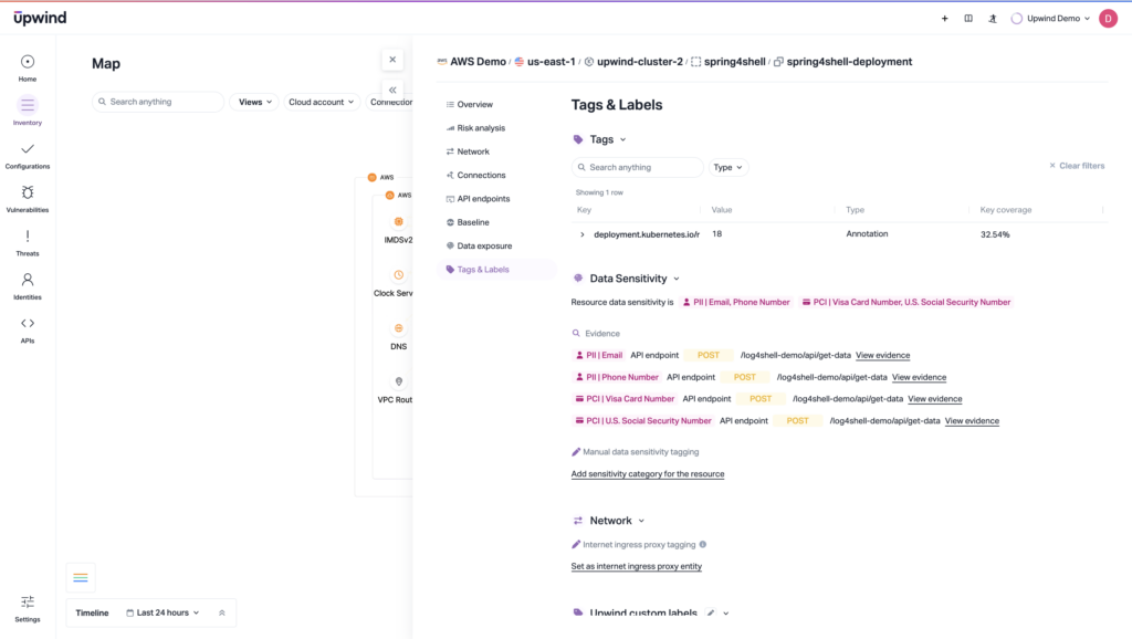 Screenshot of a dashboard mainly displaying Tags & Labels categorized under Data Sensitivity, Network, and Personal Identifiable Information. The AWS Demo is shown, with sections for maps, environments, and more on the left sidebar.