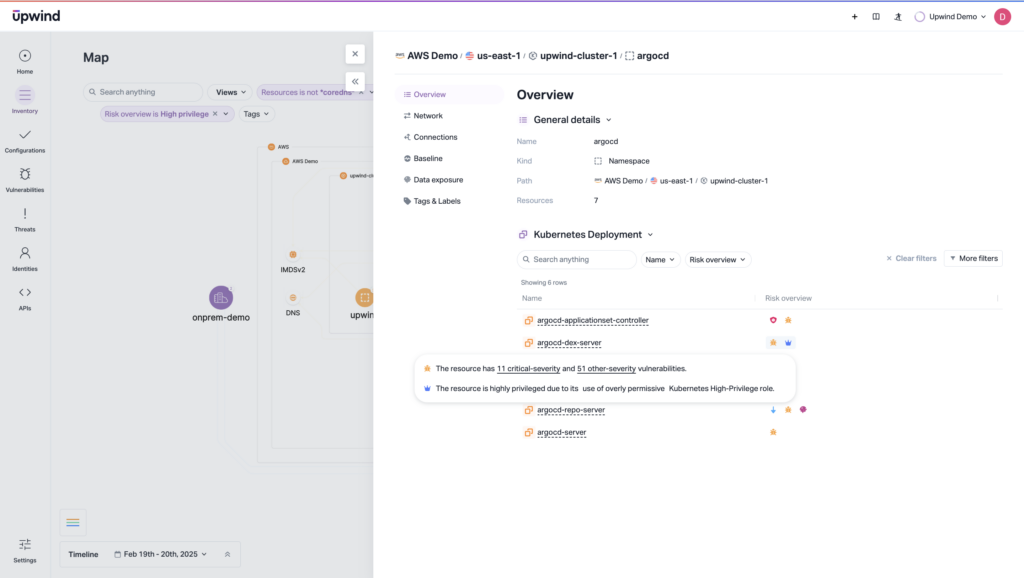 Screenshot of a software dashboard showing a map and an overview. The map on the left displays nodes and connections. The overview on the right contains details about Kubernetes deployment and resources, including error messages and resource names.