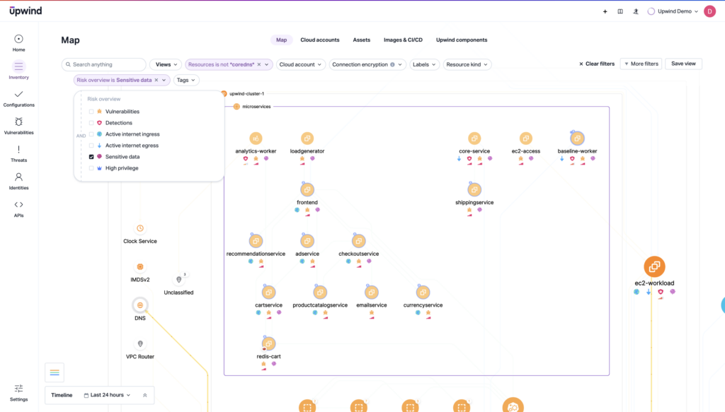 A software interface displaying a network map with nodes labeled for frontend, API, and assets. Navigation options include tags for services like vulnerabilities and metrics. The layout features icons connected with lines, color-coded by function.