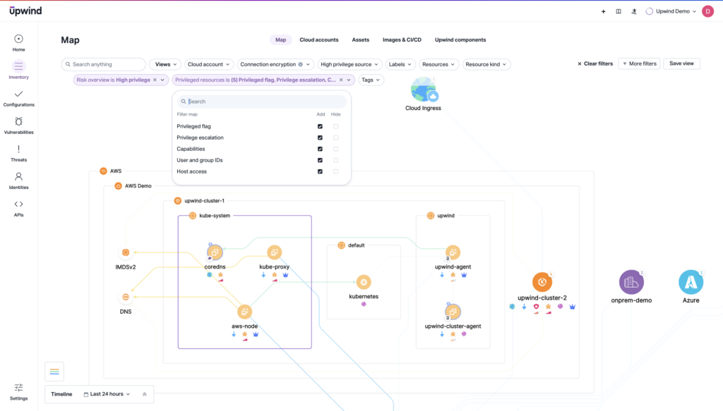 User interface displaying a network map with interconnected nodes and services labeled AWS, Azure, MongoDB, and DNS. A dropdown menu shows filters for resources, with options like AWS and DNS. Various system components and paths are highlighted.