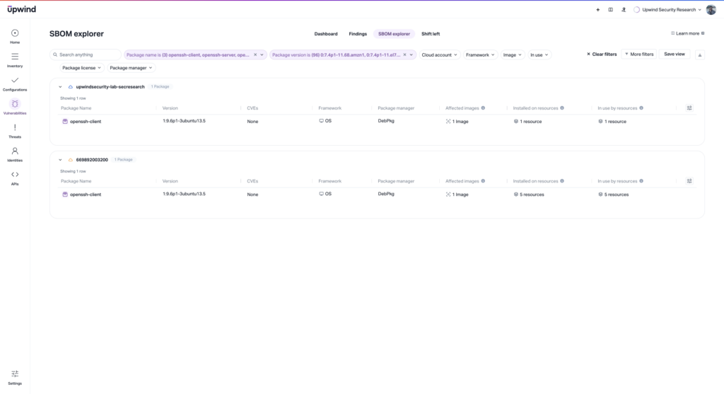 Screenshot of a software interface showing the SBOM explorer dashboard for package management. It lists packages generated-by-java-commons-text and generated-client with details like version, framework, package manager, and image information.