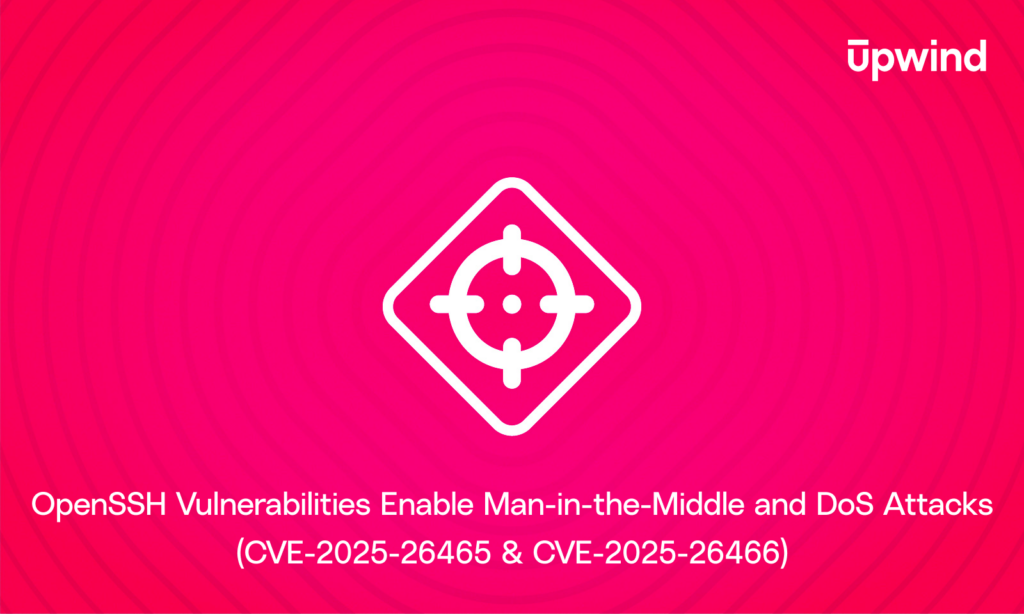 A pink and red gradient graphic with a target symbol at the center. Text reads: OpenSSH Vulnerabilities Enable Man-in-the-Middle and DoS Attacks (CVE-2025-26465 & CVE-2025-26466). The upwind logo is in the top right corner.