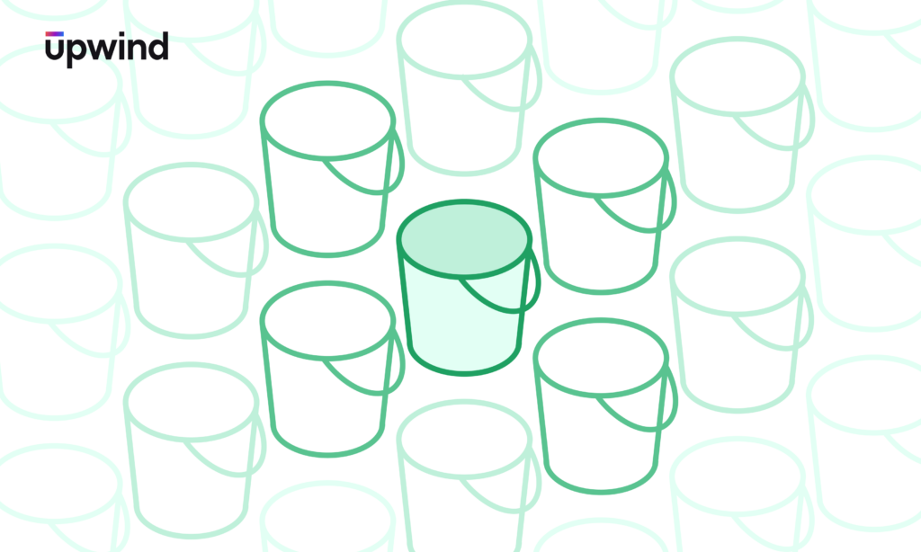 Pattern of outlined buckets with center one in green, surrounded by lighter outlines. Upwind logo in top left corner.