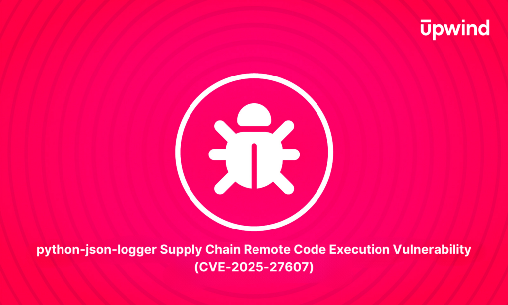 A red and pink background with concentric circles features a white bug icon in the center. Text below reads: python-json-logger Supply Chain Remote Code Execution Vulnerability (CVE-2025-27607). Upwind logo is at the top right.